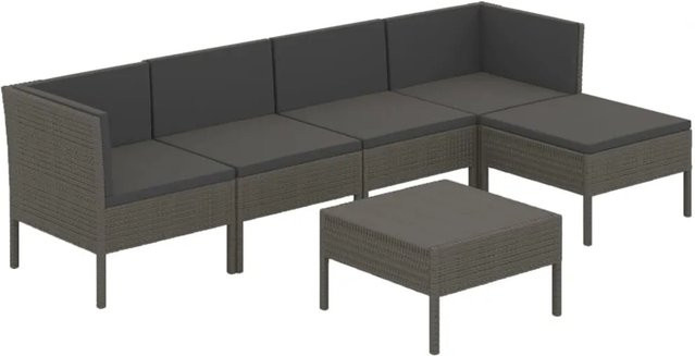 vidaXL 6-tlg Garten-Lounge-Set aus Poly Rattan in Grau und Anthrazit mit Auflagen, Eckelement, Ottoman und Couchtisch - Bild 1