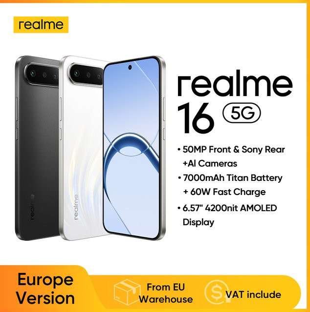 realme 16 5G Smartphone Europäische Version in Weiß mit MediaTek Dimensity 6400 Turbo Chip, 6,57 Zoll 120Hz AMOLED Display und 6550mAh Akku - Bild 1