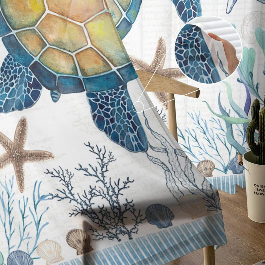Transparente Tüll-Vorhänge mit Meeresschildkröte, Seestern und Muschel in Blau und Multicolour, Breite: 135 cm, Höhe: 115 cm - Bild 3