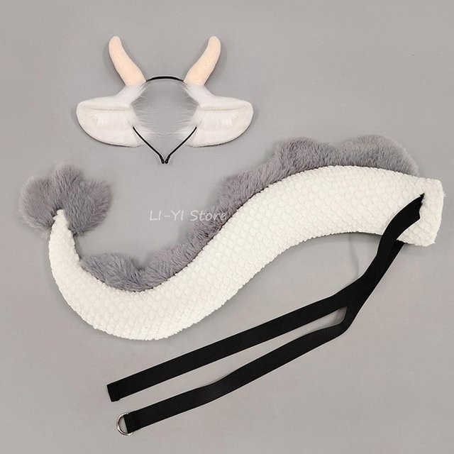 YIRAN Drachen-Cosplay-Requisiten, Drachenohren & Hörner Stirnband mit Schwanz, 2-teiliges Set, Weiß - Bild 1