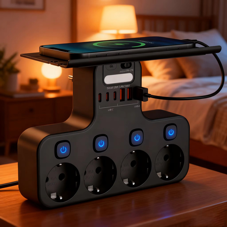 Multifunktions-Steckdosenleiste in Schwarz mit 4 AC-Anschlüssen, 3 USB-C und 3 USB-A Anschlüssen, 3250W, Wandmontage mit unabhängigen Schaltern und Sensor-Nachtlicht - Bild 1
