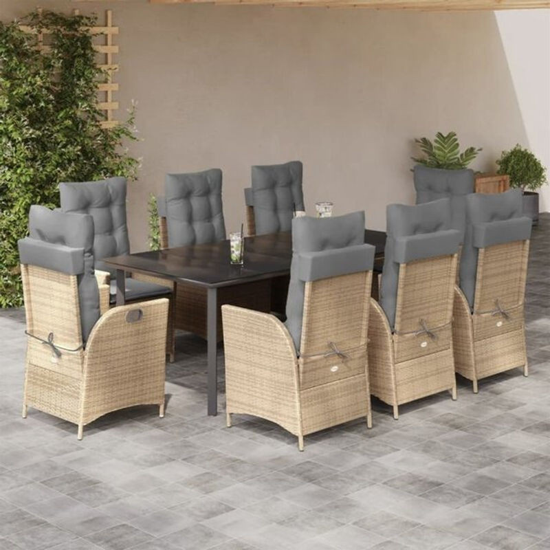 9-teilige moderne Garten-Essgruppe aus Poly-Rattan mit Kissen in Beige von vidaxl - Bild 1