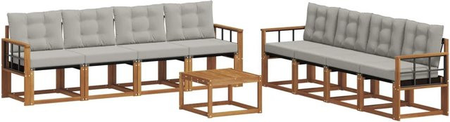 vidaXL Outdoor-Sofagarnitur 9-teilig aus Akazienholz und Textilene in Natur und Hellgrau mit Kissen und Tisch - Bild 1