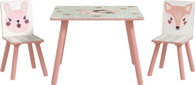 ZONEKIZ Kindertisch Set mit 2 Stühlen in Rosa, 3-teilige Kindersitzgruppe mit Tiermotiv aus Kiefernholz und MDF für Kinder von 3-8 Jahren - Bild 1