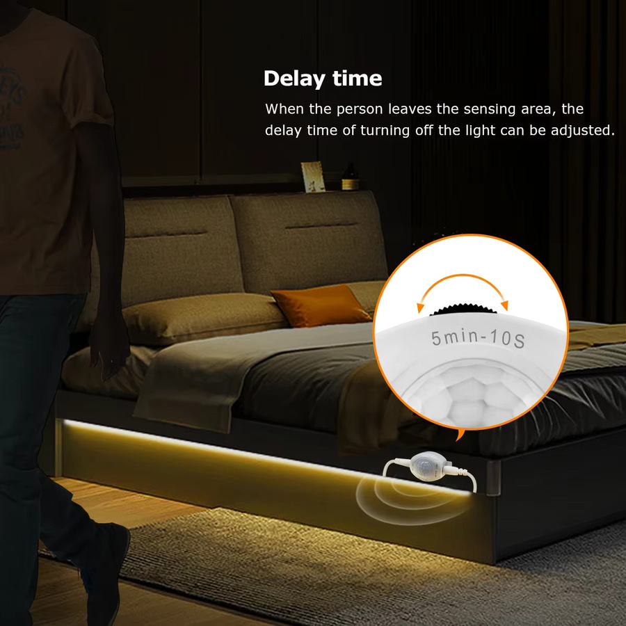 Gyarfas LED Nachtlicht mit Smart Sensitive PIR Bewegungssensor und USB 5V Anschluss, einstellbare Verzögerungszeit 10s-300s, DIY zuschneidbarer Lichtstreifen für dein Schlafzimmer - Bild 2