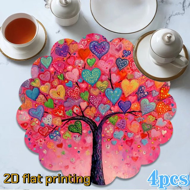 VIKAMA Kunstmatten Set mit Herz, Baum und Gänseblümchenmuster, rund mit Wellenrand, bunt, PVC, Durchmesser: 38 cm - Bild 1
