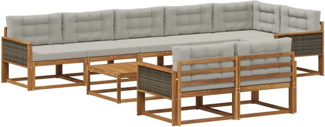 vidaXL Outdoor-Sofagarnitur aus Akazienholz mit 9 Kissen in Natur und Hellgrau - Bild 1