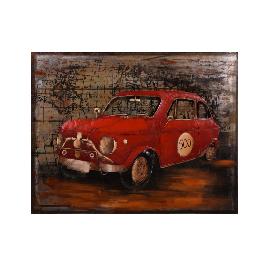 DELUKE 3D-Metallbild Rotes Auto Vintage aus Stahl, Bunt, H: 80 cm, B: 100 cm, T: 7 cm - Bild 2