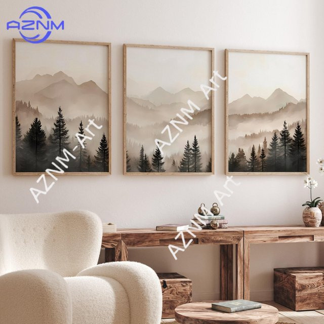 AZNM Abstraktes Wald- und Berg-Triptychon als minimalistisches 3er-Set aus Papierpostern in Beige und Grau mit nebliger Naturlandschaft - Bild 1