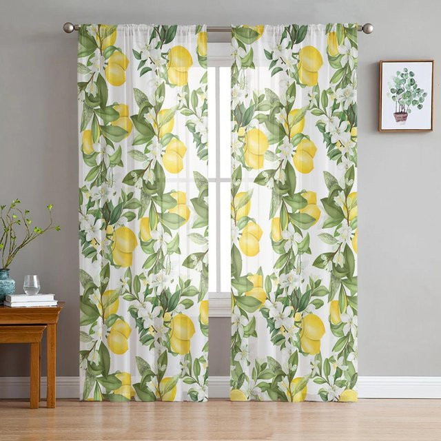 Yiran Furniture Transparente Vorhänge mit Frucht- und Blumenmuster in Aquarell-Optik, Tüll-Voile-Organza für Wohnzimmer und Küche, B: 135 cm, H: 115 cm - Bild 1