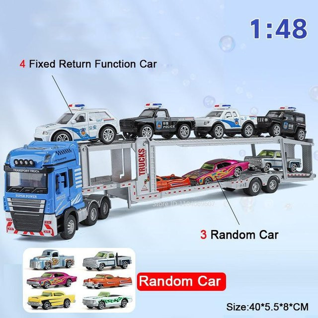 Linyi toy car Doppeldecker-Anhänger Flachbett-LKW mit Bagger, 1:48, Metall Druckguss, mit Sound und Licht, ab 14 Jahren - Bild 1
