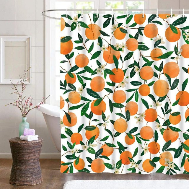Wasserdichter Duschvorhang von Household supplies MH mit orangefarbenem Zitrusmuster und Haken, B: 180 cm, H: 180 cm - Bild 1