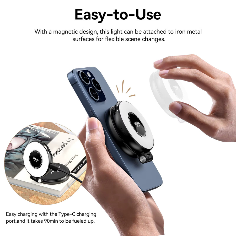 Ulanzi LM19 Handy-Selfie-Licht in Schwarz, magnetische Mini-Ringlampe mit zweifarbigem LED-Taschenlicht für iPhone 16, 15 und Apple 14, 13 Pro - Bild 5