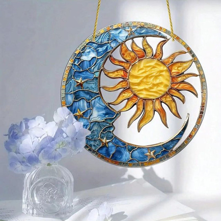 Mehrfarbiger Sonnen- und Mondlichtfänger aus Glas mit Sternen und Mond als hängende Dekoration für Wohnzimmer und Garten