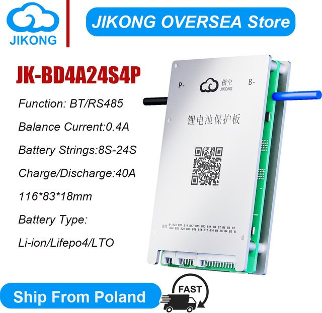 JIKONG Smart BMS JKBMS BD4A24S4P mit Bluetooth und RS485 für LiFePO4, Li-Ion und LTO Batterien mit 0,4A Active Balance - Bild 1