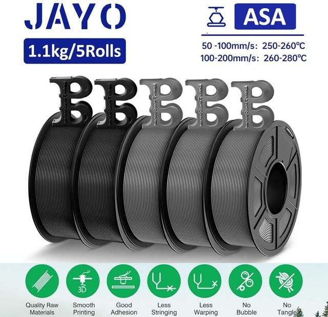 JAYO ASA 3D-Drucker Filament 1,75 mm, 5 Rollen, Schwarz, hitze- und witterungsbeständig für FDM-Drucker - Bild 1