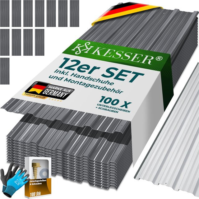 KESSER Trapezblech Set aus verzinktem Stahl für Gerätehäuser, 12x Profilblech, Farbe: Grau, B/H: 129 x 45 cm, Materialstärke: 0,25 mm, Gesamtfläche: 7 m² - Bild 1