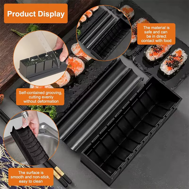 LMETJMA 10-teiliges Sushi-Maker-Set aus Kunststoff in Schwarz zur Herstellung von Sushi-Reisbrötchen, rechteckige Formpresse KC0473 - Bild 6
