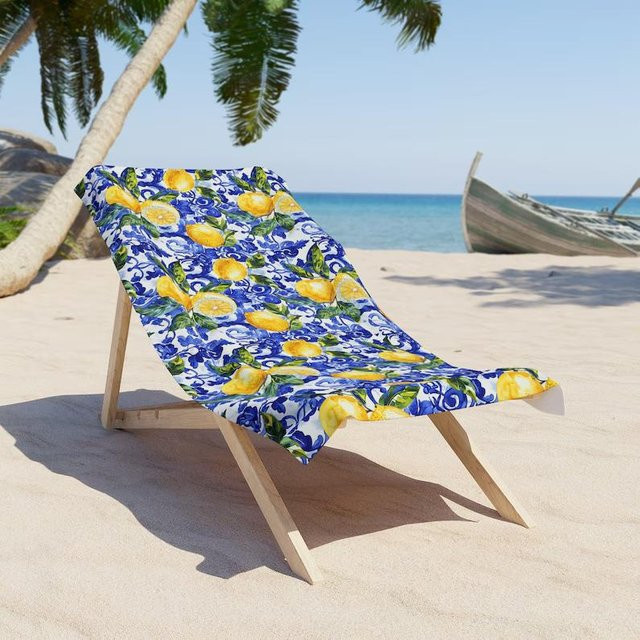 JMG Household Supplies Strandtuch mit Mittelmeer-Zitronenmuster in Blau, schnelltrocknendes Mikrofaser-Badetuch, B/H: 50 x 100 cm - Bild 1