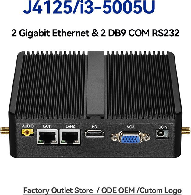 BEBEPC Industrieller lüfterloser Mini-PC mit Intel Celeron J6412 oder Core i3-5005U, Dual LAN, 2*COM, HDMI, WIFI, Windows 10, Schwarz - Bild 1
