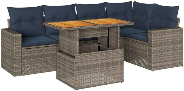 vidaXL 6-teilige Garten-Sofagarnitur aus Poly-Rattan und Akazienholz in Grau mit Kissen - Bild 1