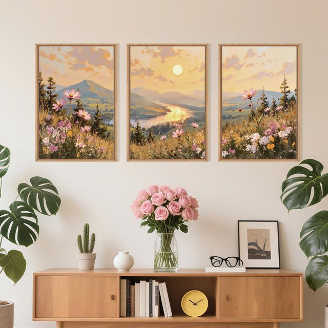 3er Set Leinwandbilder mit botanischem Wildblumen-Motiv in Pink und Multicolour im Nordic-Stil für deine Wanddekoration - Bild 1