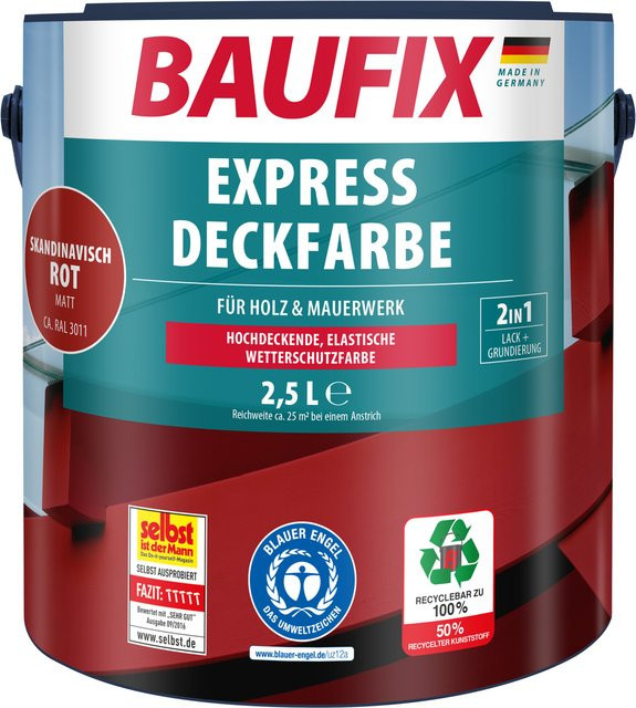 Baufix 2in1 Express Deckfarbe für Holz, Rot, matt, 2 x 2,5 l - Bild 1