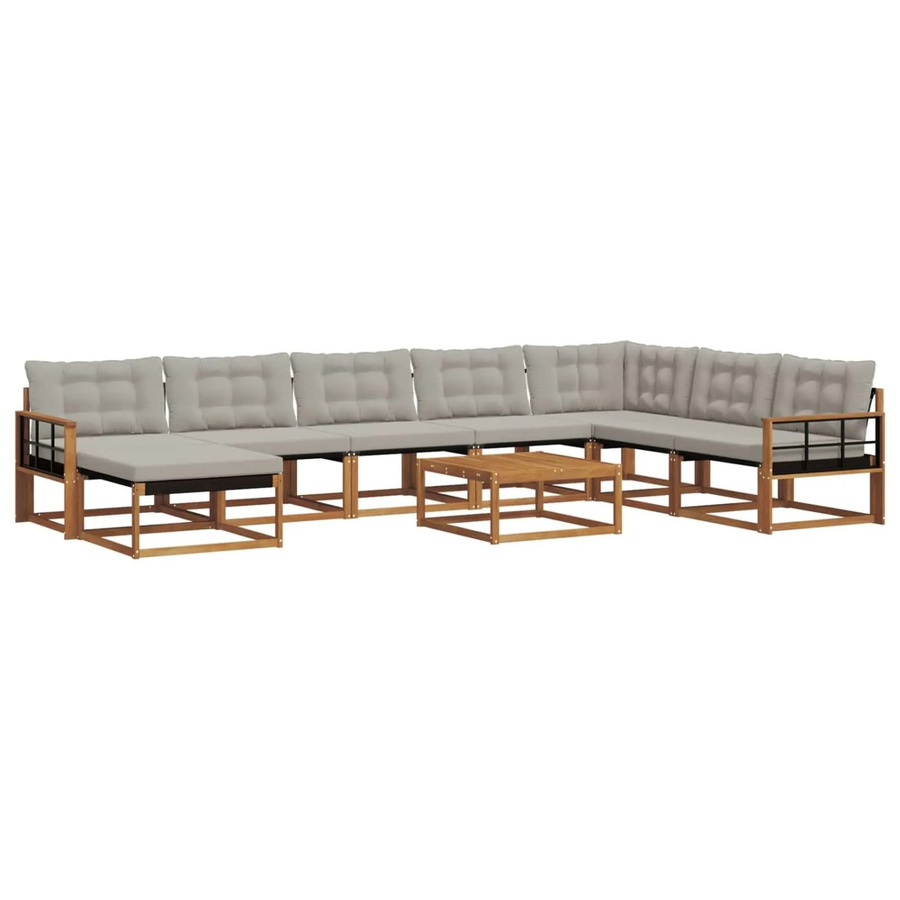 vidaXL 9-tlg. Outdoor-Sofagarnitur in L-Form aus Akazienholz und Textilene mit Kissen, Farbe: Natur und Hellgrau - Bild 2