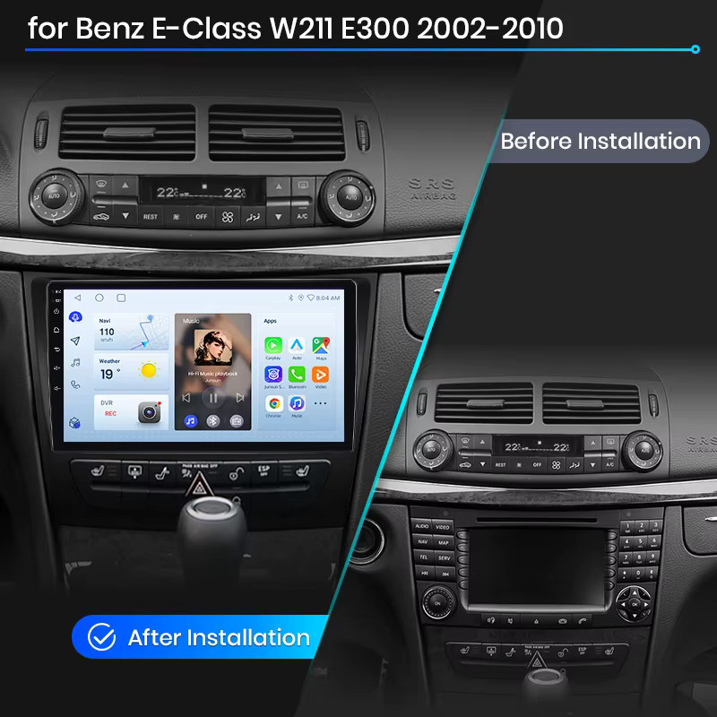 Junsun Wireless CarPlay und Android Auto Autoradio für Mercedes-Benz E-Klasse W211 (2002-2009) mit GPS, WiFi, Bluetooth und IPS-Touchscreen in Schwarz - Bild 2