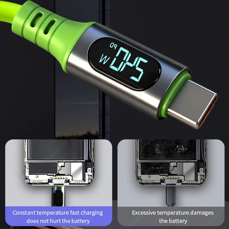 VBNM USB Typ-C zu Typ-C Ladekabel mit Digitalanzeige, 240W Hochgeschwindigkeits-Datenübertragungskabel in Grün - Bild 5