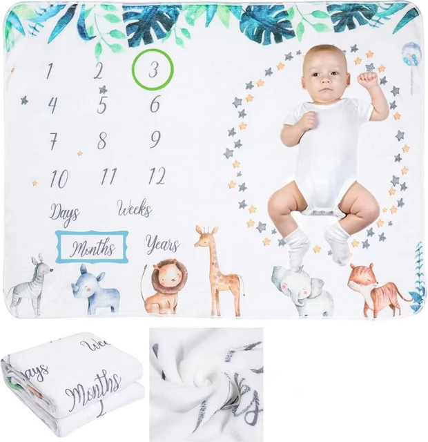 VIKAMA Baby-Meilenstein-Decke in Weiß als Neugeborenen-Kalender und Wachstumstabelle für Foto-Aufnahmen - Bild 1