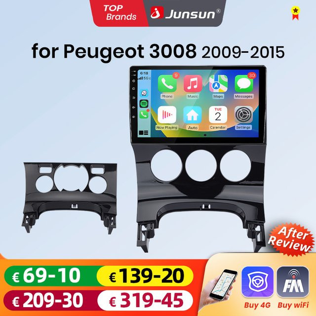 Junsun Android Auto Multimedia Radio für Peugeot 3008 mit kabellosem CarPlay, GPS, Navi und DSP in Schwarz - Bild 1