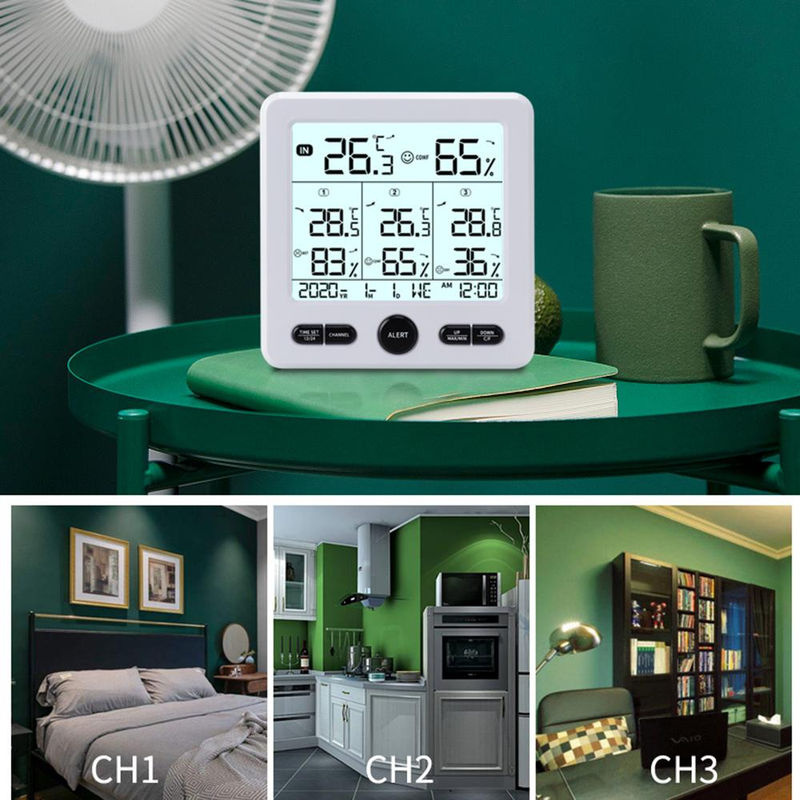 Koogeelife Digitales kabelloses Thermohygrometer für Innen und Außen mit 3 Fernsensoren und Hintergrundbeleuchtung, Schwarz - Bild 2