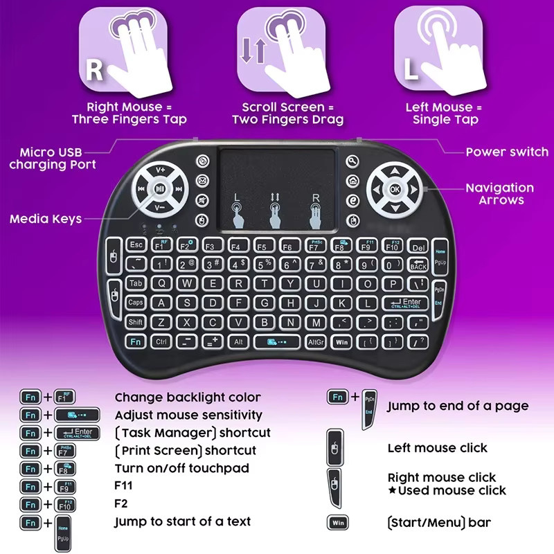 AyeBeau Air Mouse Mini-Funktastatur mit Touchpad und RGB-Hintergrundbeleuchtung in Schwarz, AZERTY Layout für Französisch, Spanisch, Portugiesisch und Russisch - Bild 2