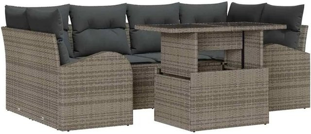 vidaXL Garten-Sofa-Set aus Poly Rattan in Grau mit 7-teiliger Polstergarnitur und Tisch inklusive Glasplatte - Bild 1