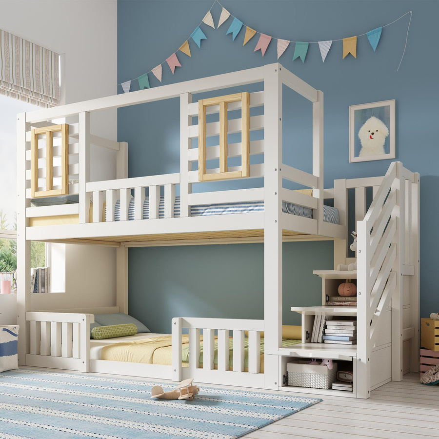 AB Store Etagenbett im Hüttenstil mit Treppenschrank und Stauraum in Weiß, 2 Liegeflächen je 90 x 200 cm, H x B x T: 254 x 95 x 170 cm - Bild 2