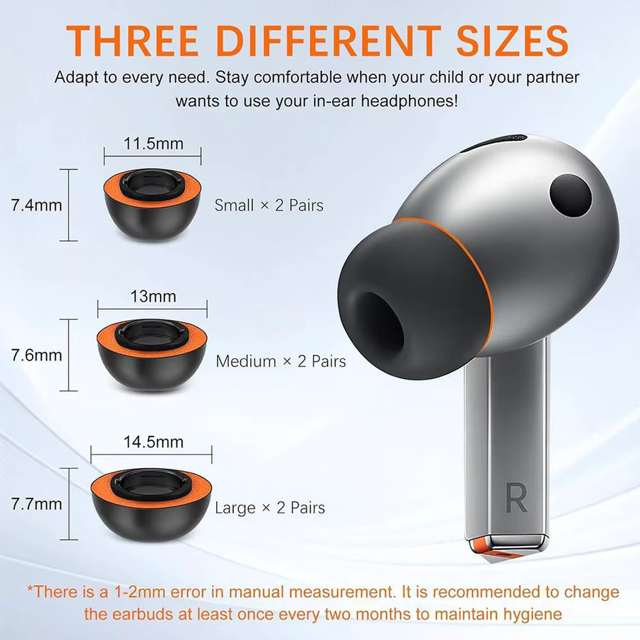 XDcase Silikon-Ohrstöpsel Ersatzset für Samsung Galaxy Buds3 Pro, In-Ear Kopfhörer-Aufsätze, 3 Paare in den Farben Weiß und Orange, Größen S/M/L - Bild 3