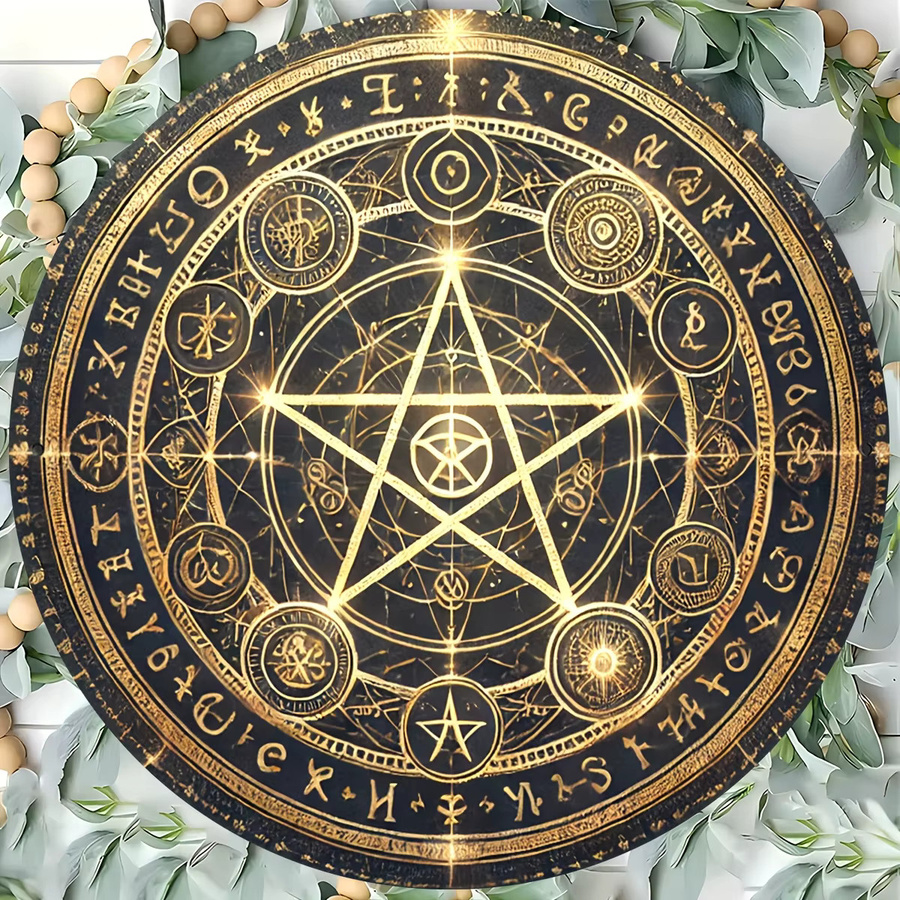 Potdemiel Vintage Pentagramm Aluminiumschild in Gold und Schwarz, runder Wandbehang mit geometrischen Symbolen, Durchmesser: 20 cm - Bild 4