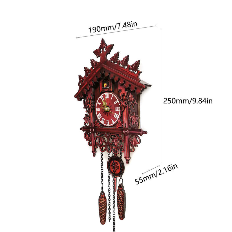 Vintage Kuckucksuhr aus Holz mit Pendel in Braun und Rot, analoge Wanduhr im antiken Design - Bild 4