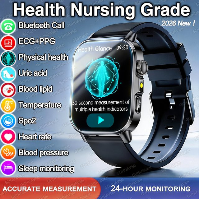 GUHUAVMI Smartwatch mit EKG, PPG, Blutdruck- und Gesundheitsanalyse sowie drahtloser Anruffunktion in Schwarz für Damen und Herren - Bild 1