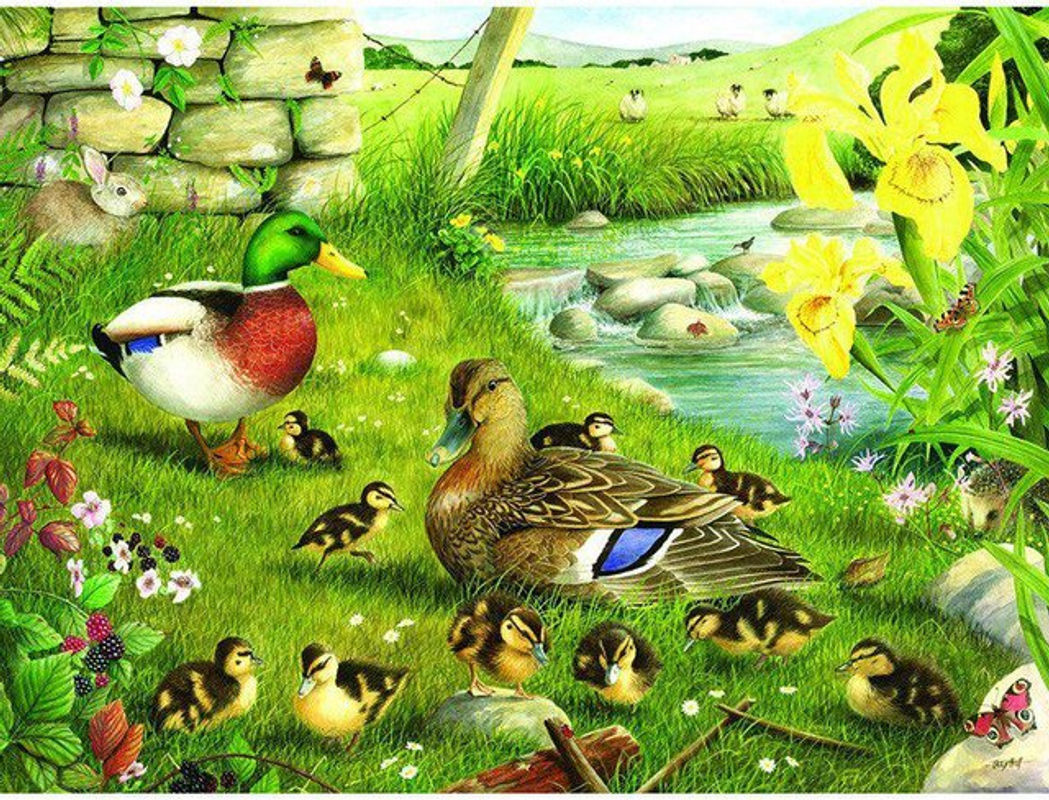 FIYO 5D Diamantgemälde zum Selbermachen Enten im Garten, Mehrfarbige Diamant-Stickerei im Querformat mit runden Steinen, B: 30 cm, H: 20 cm - Bild 1