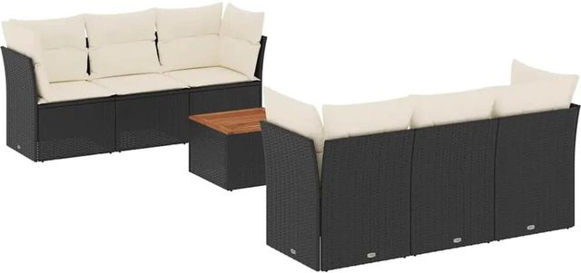 vidaXL 7-teilige Garten-Sofagarnitur aus Poly-Rattan und Akazienholz in Schwarz mit cremeweißen Kissen - Bild 1