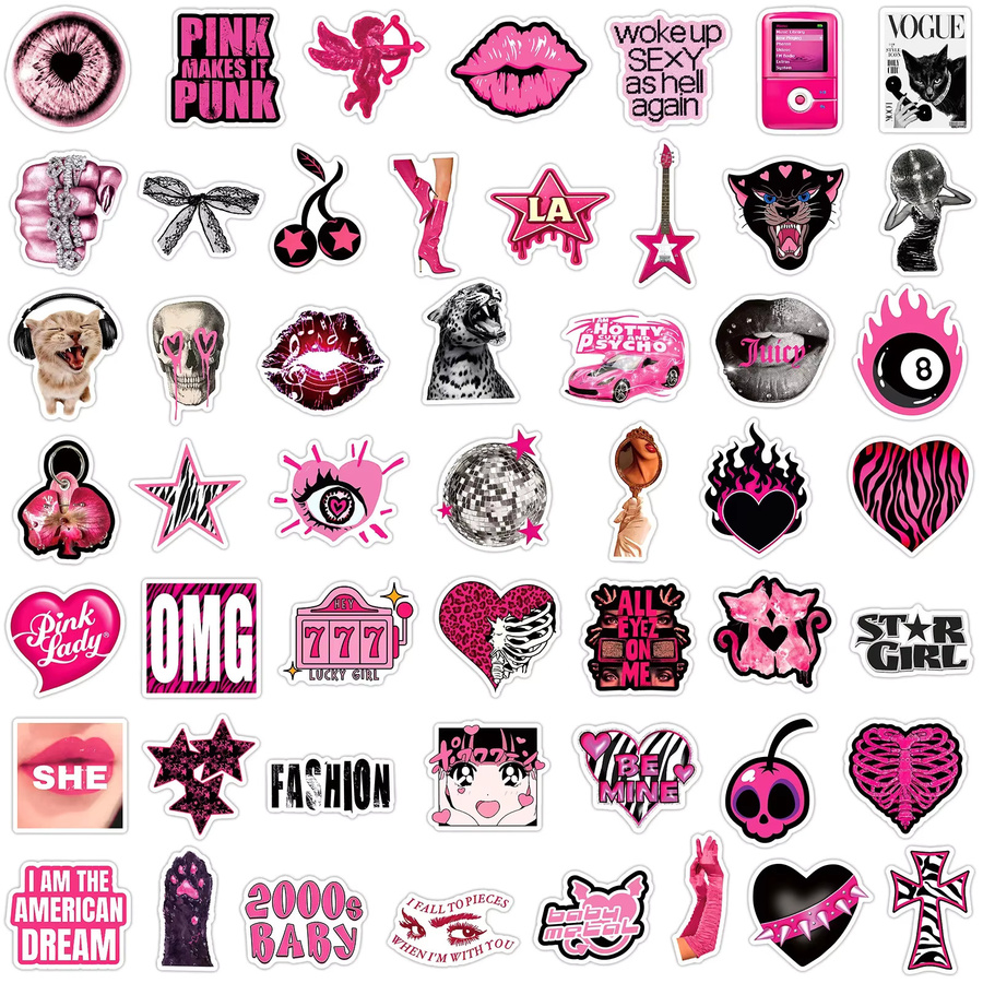 50 Stück Retro Y2K Aufkleber im Ins-Style, wasserfeste PVC-Sticker in Schwarz und Rosa für Skateboard, Handy und Gepäck - Bild 4