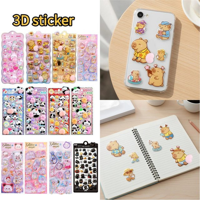 2 Stück 3D Puffy Squishy Cartoon Aufkleber mit Hase, Capybara und Bär in Multicolour zur Dekoration von Handyhüllen, Laptops und Tagebüchern - Bild 1