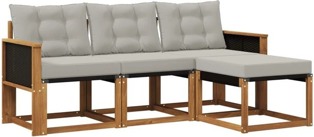 vidaXL Outdoor-Sofagarnitur L-Form aus Akazienholz mit Textilene und 4 Kissen in Grau und Natur - Bild 1
