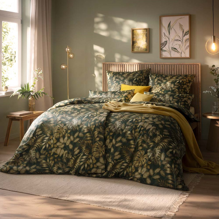 Estella Premium Mako-Satin Bettwäsche Yara mit Tannenblättern in Grün und Beige, B/H: 135 x 200 cm mit Kissenbezug 80 x 80 cm - Bild 1