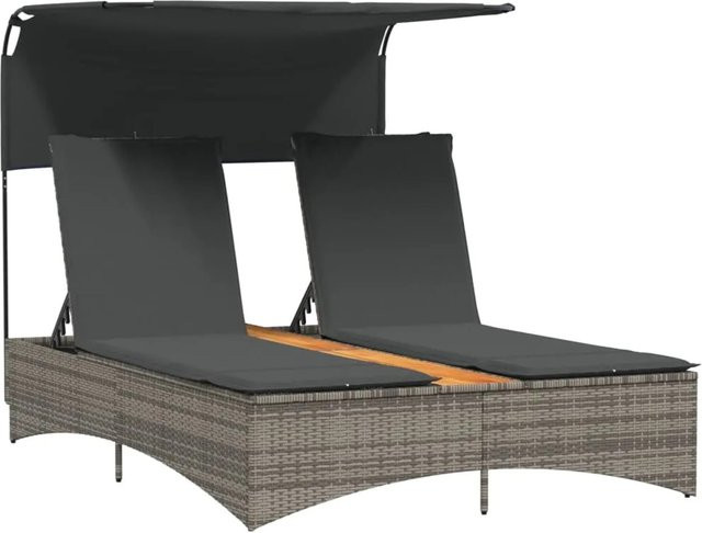 vidaXL Doppel-Sonnenliege aus Polyrattan mit Sonnendach und Auflagen, Grau, B/T/H: 136 x 220 x 140 cm - Bild 1
