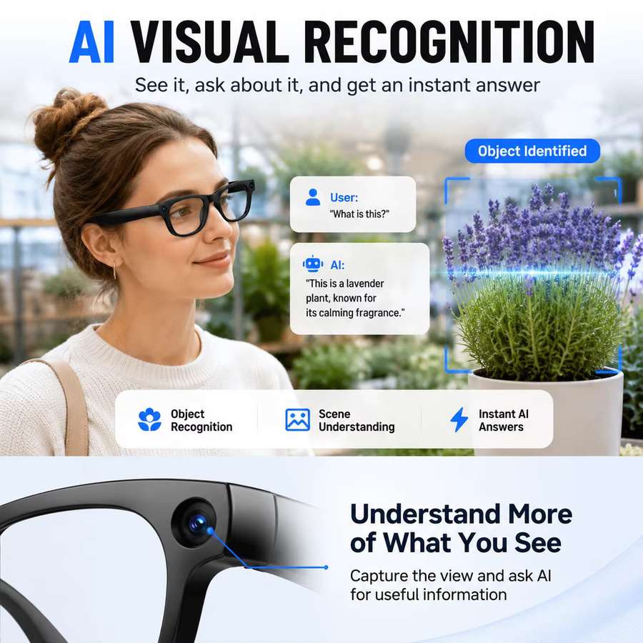 GUHUAVMI KI-Smart-Brille mit 1300W Pixel-Kamera, 32GB Speicher und Echtzeit-Übersetzung, Schwarz/Transparent - Bild 6