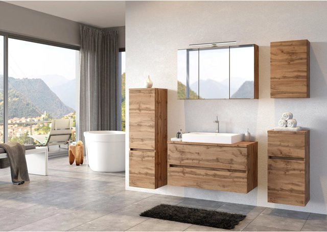 Held Möbel Waschtisch-Set Ferrara 2-tlg. in Wotaneiche Braun-holzoptik mit Aufsatz-Keramikbecken und Spiegelschrank inklusive LED-Beleuchtung und Rasiersteckdose, Breite: 100 cm - Bild 1