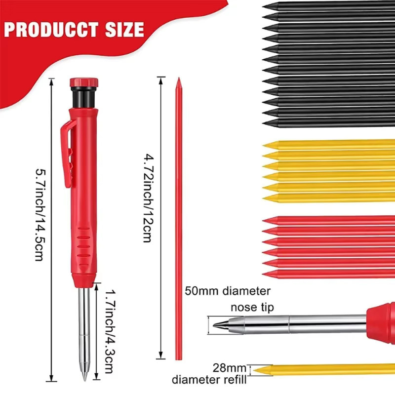 MROOFUL Metall-Schreinerstift-Set in Gelb mit Ersatzminen und integriertem Anspitzer für professionelle Holzbearbeitung - Bild 4
